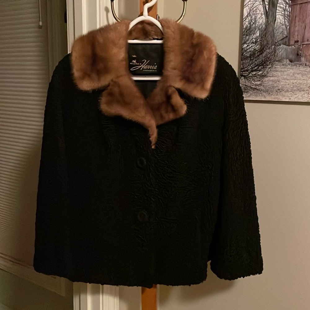 Vintage Black Boucle Jacket with real fur collar
